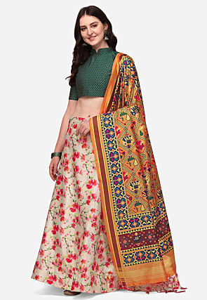 Digital Printed Satin Silk Lehenga in Beige