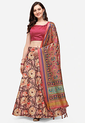 Digital Printed Satin Silk Lehenga in Brown