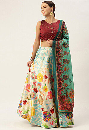 Digital Printed Satin Silk Lehenga in Cream