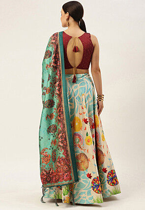 Digital Printed Satin Silk Lehenga in Cream
