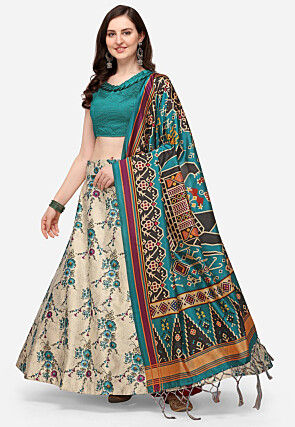 Digital Printed Satin Silk Lehenga in Cream