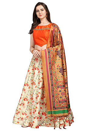 Digital Printed Satin Silk Lehenga in Cream