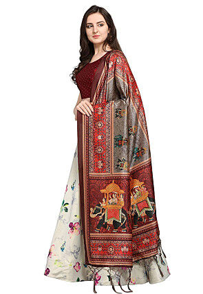 Digital Printed Satin Silk Lehenga in Cream