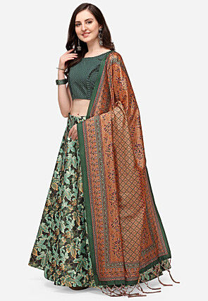 Digital Printed Satin Silk Lehenga in Dusty Green