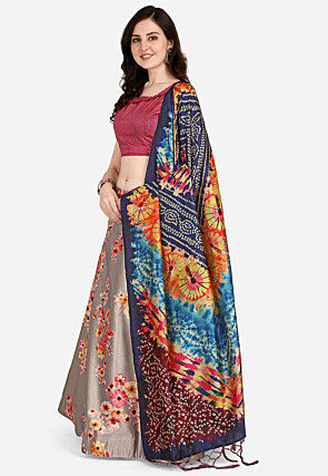 Digital Printed Satin Silk Lehenga in Fawn
