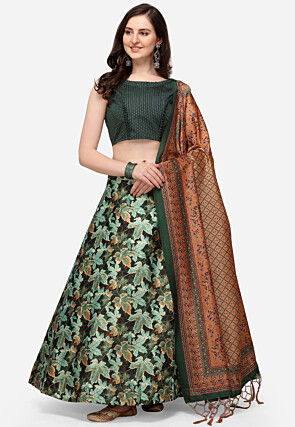Digital Printed Satin Silk Lehenga in Green