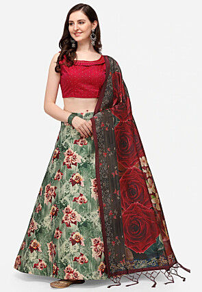 Digital Printed Satin Silk Lehenga in Green