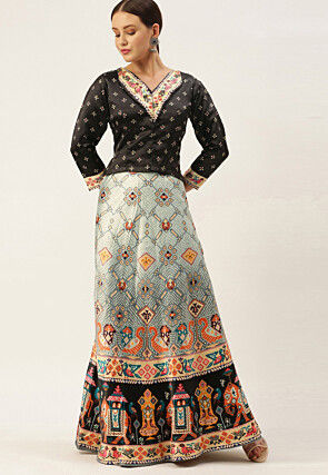 Digital Printed Satin Silk Lehenga in Grey Ombre