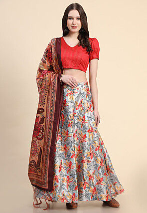 Digital Printed Satin Silk Lehenga in Grey