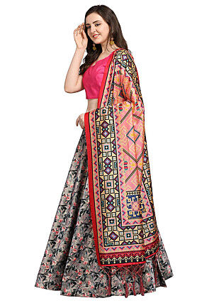 Digital Printed Satin Silk Lehenga in Grey