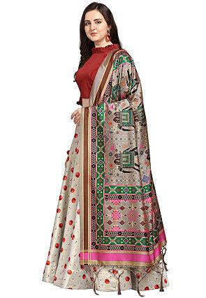 Digital Printed Satin Silk Lehenga in Grey