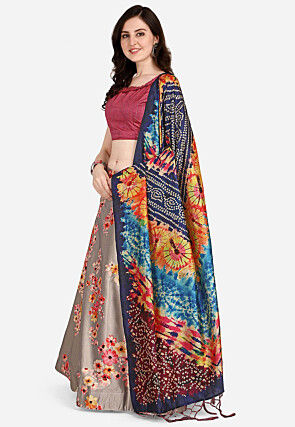 Digital Printed Satin Silk Lehenga in Grey