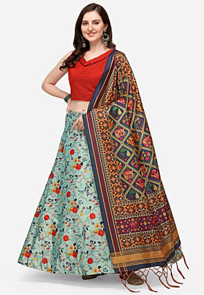 Digital Printed Satin Silk Lehenga in Light Blue