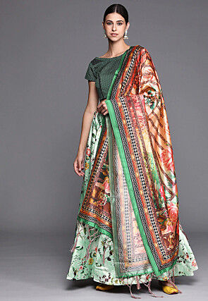 Digital Printed Satin Silk Lehenga in Light Green