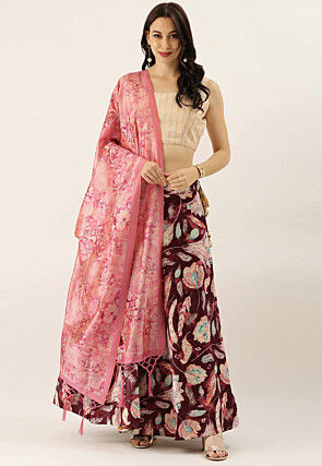 Digital Printed Satin Silk Lehenga in Maroon