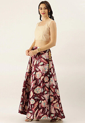 Digital Printed Satin Silk Lehenga in Maroon