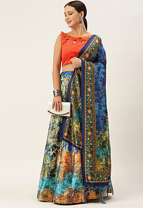 Digital Printed Satin Silk Lehenga in Multicolor