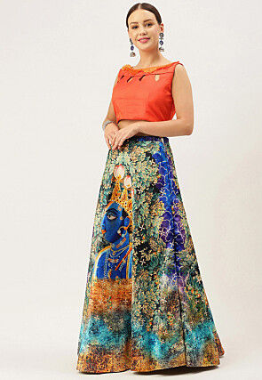 Digital Printed Satin Silk Lehenga in Multicolor