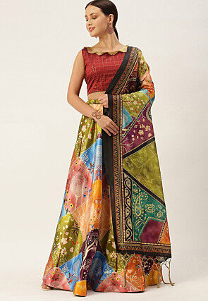Digital Printed Satin Silk Lehenga in Multicolor