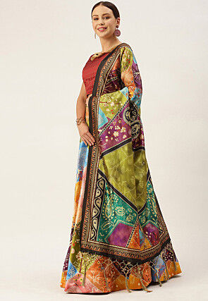 Digital Printed Satin Silk Lehenga in Multicolor
