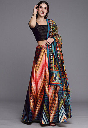 Digital Printed Satin Silk Lehenga in Multicolor