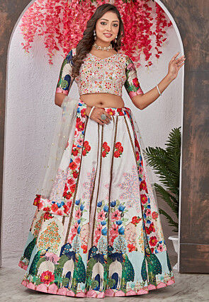 Digital Printed Satin Silk Lehenga in Off White