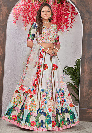 Digital Printed Satin Silk Lehenga in Off White