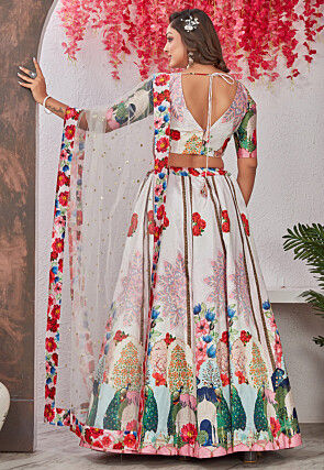 Digital Printed Satin Silk Lehenga in Off White