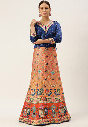 Digital Printed Satin Silk Lehenga in Orange Ombre