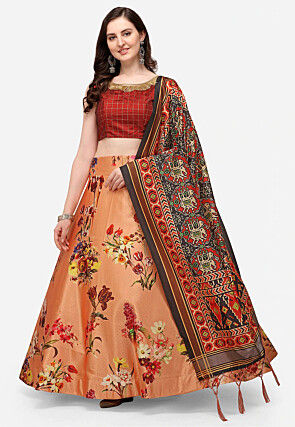 Digital Printed Satin Silk Lehenga in Orange