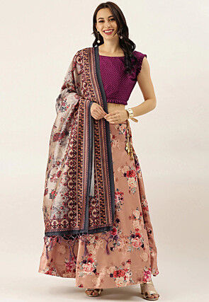 Digital Printed Satin Silk Lehenga in Peach