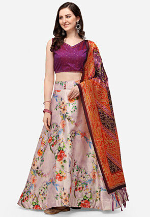 Digital Printed Satin Silk Lehenga in Peach