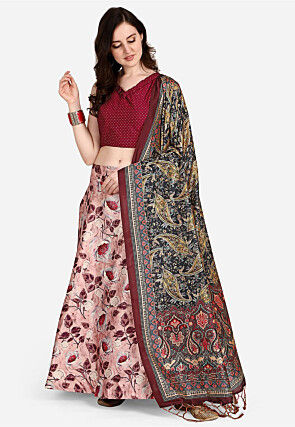 Digital Printed Satin Silk Lehenga in Peach
