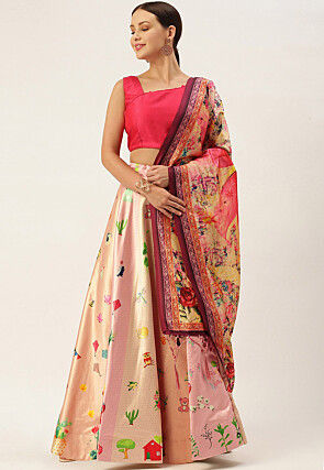 Digital Printed Satin Silk Lehenga in Pink