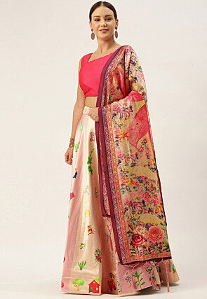 Digital Printed Satin Silk Lehenga in Pink