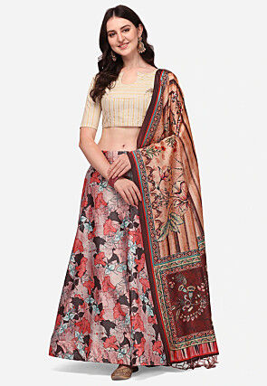 Digital Printed Satin Silk Lehenga in Pink