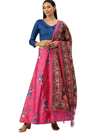 Digital Printed Satin Silk Lehenga in Pink