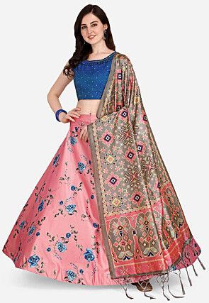 Digital Printed Satin Silk Lehenga in Pink