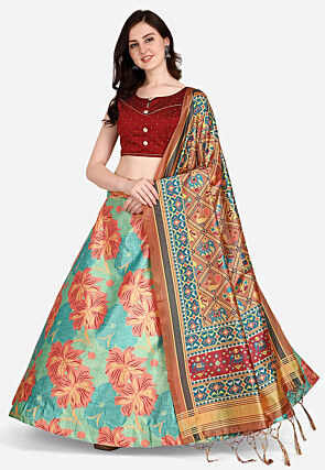 Digital Printed Satin Silk Lehenga in Sea Green
