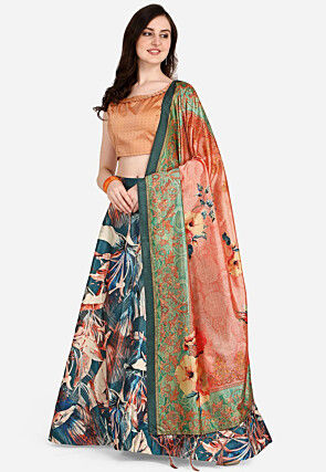 Digital Printed Satin Silk Lehenga in Teal Blue