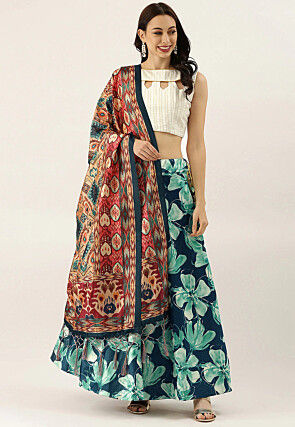 Digital Printed Satin Silk Lehenga in Teal Blue