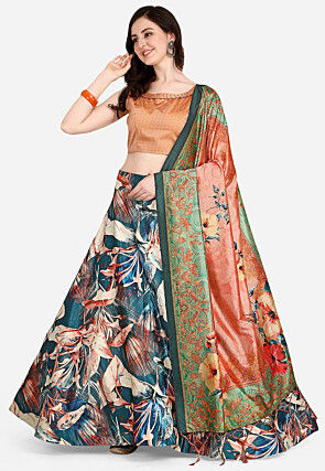 Digital Printed Satin Silk Lehenga in Teal Blue
