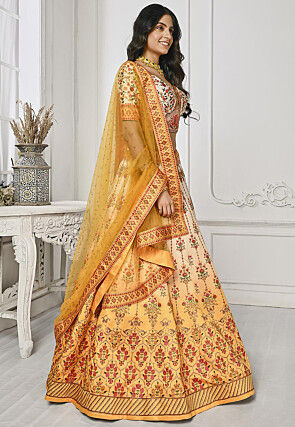 Digital Printed Satin Silk Lehenga in Yellow and Cream