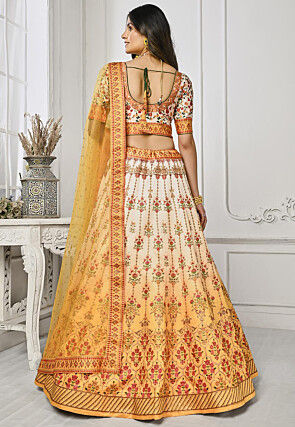 Digital Printed Satin Silk Lehenga in Yellow and Cream
