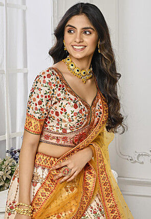 Digital Printed Satin Silk Lehenga in Yellow and Cream