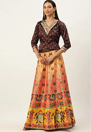 Digital Printed Satin Silk Lehenga in Yellow and Orange