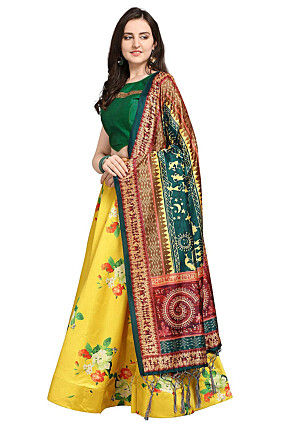 Digital Printed Satin Silk Lehenga in Yellow