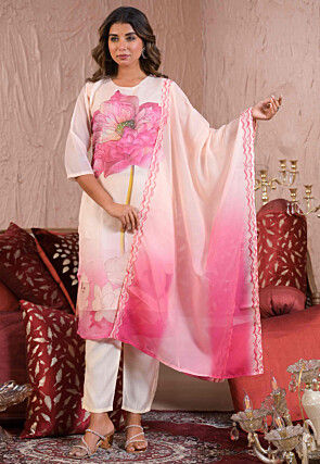 Digital Printed Satin Silk Pakistani Suit in Baby Pink
