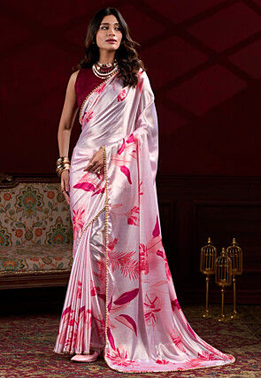 Digital Printed Satin Silk Saree in Baby Pink