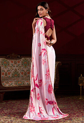 Digital Printed Satin Silk Saree in Baby Pink